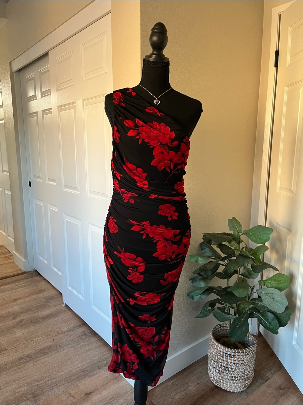 One-Shoulder Black Dress with Red Floral Print